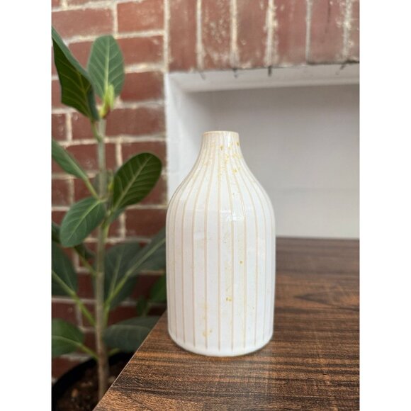 West Elm White Ceramic Vase with Pinstripe Design - Picture 1 of 7